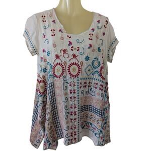 Johnny Was Sz XS MANDHURI Short Sleeve Boho Embroidered Tunic Top